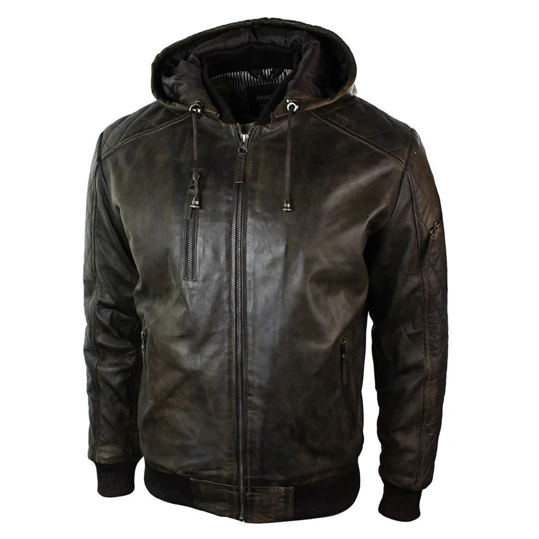 Men's Brown Washed Distressed Removable Hood Bomber Leather Jacket Quilted