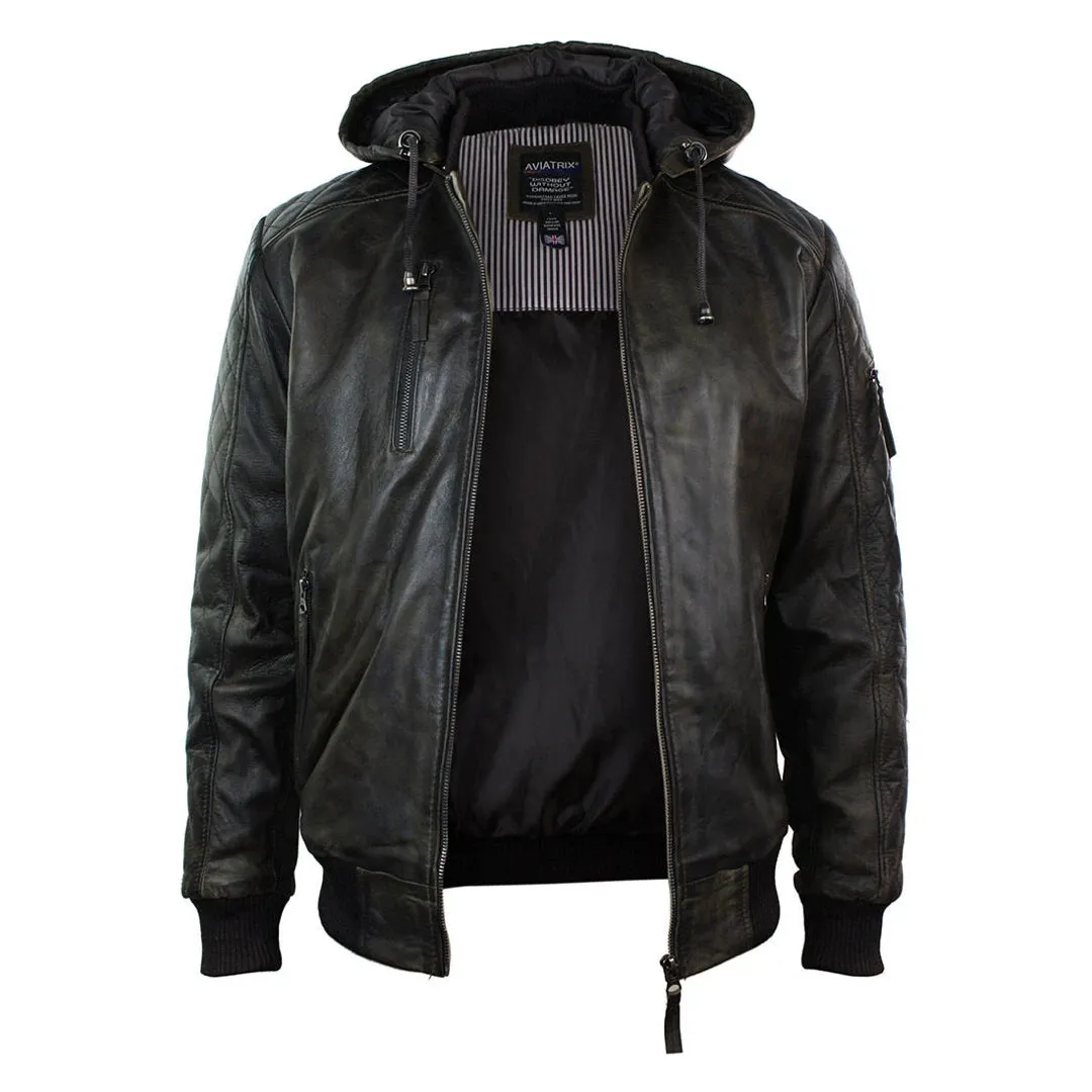 Men's Brown Washed Distressed Removable Hood Bomber Leather Jacket Quilted