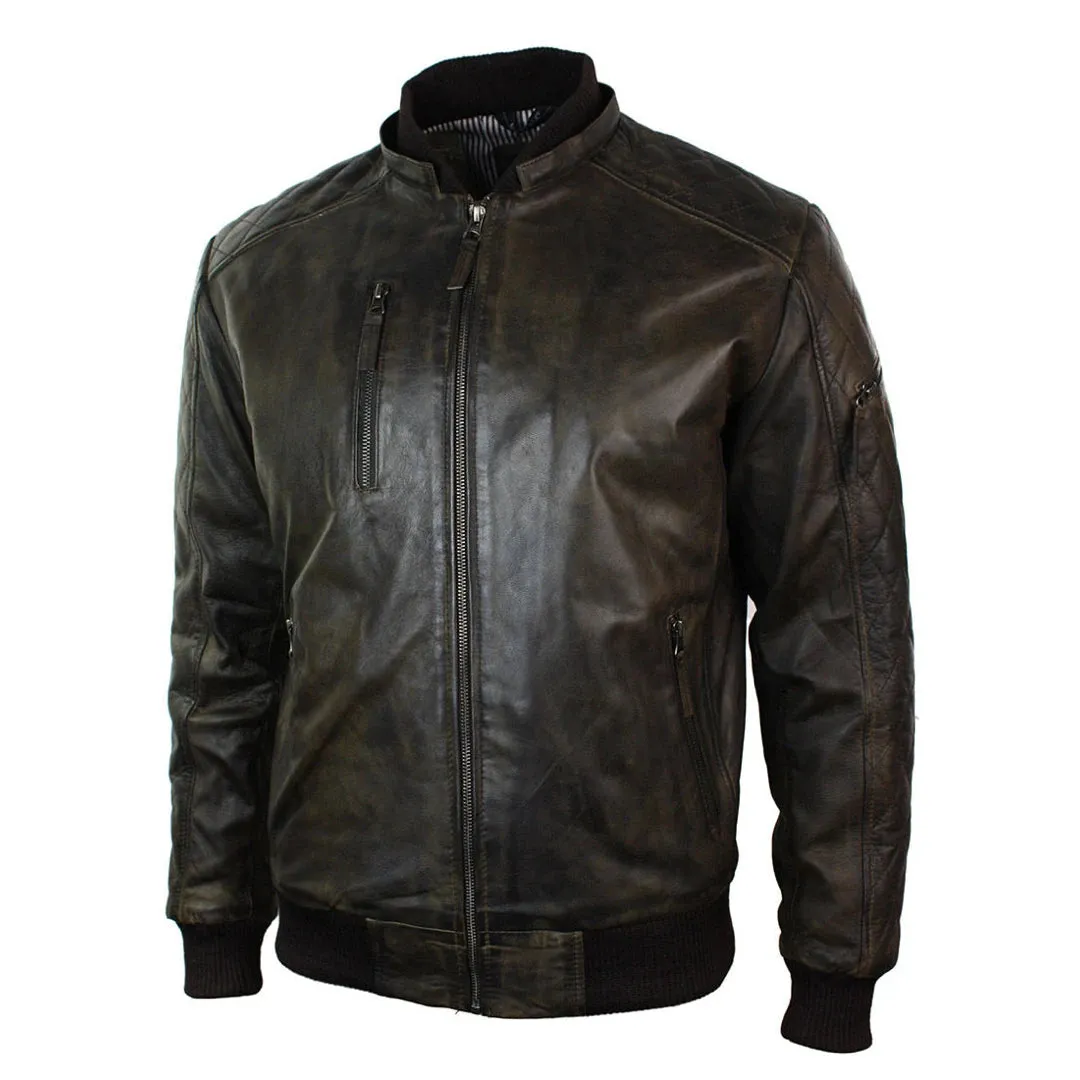 Men's Brown Washed Distressed Removable Hood Bomber Leather Jacket Quilted