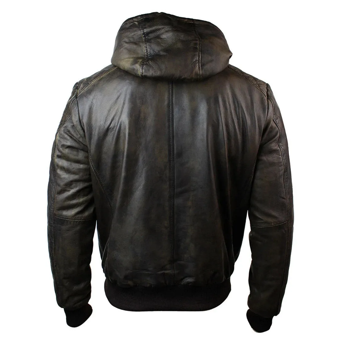 Men's Brown Washed Distressed Removable Hood Bomber Leather Jacket Quilted