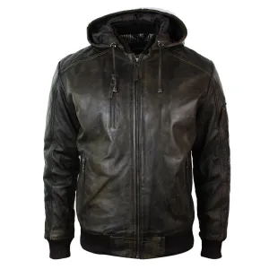Men's Brown Washed Distressed Removable Hood Bomber Leather Jacket Quilted