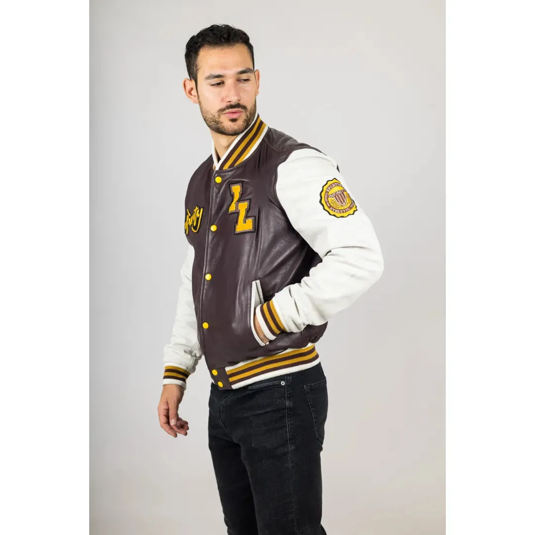Men's Burgundy Leather Letterman Bomber Jacket