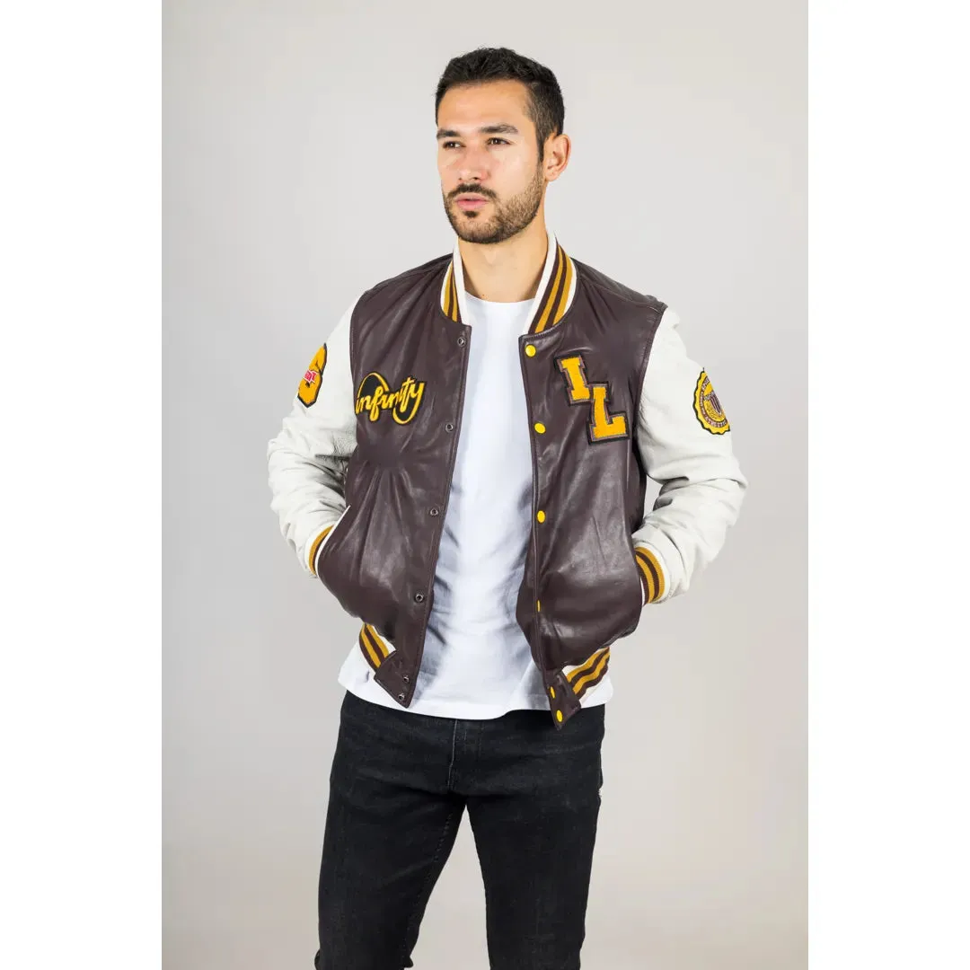 Men's Burgundy Leather Letterman Bomber Jacket