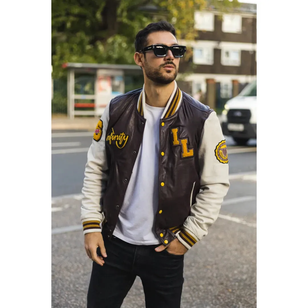 Men's Burgundy Leather Letterman Bomber Jacket