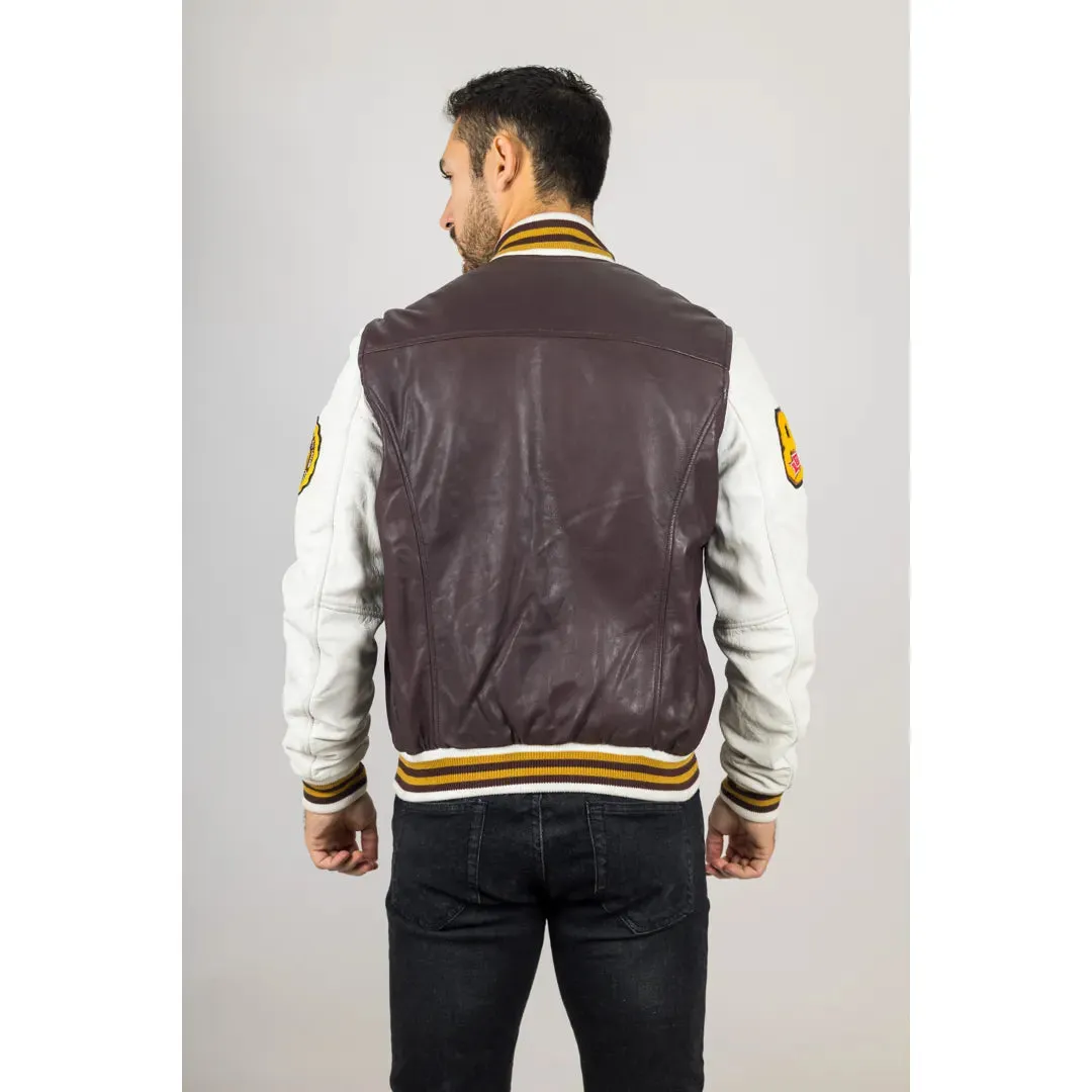 Men's Burgundy Leather Letterman Bomber Jacket