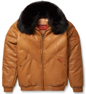 Men's Camel Leather V-Bomber Jacket