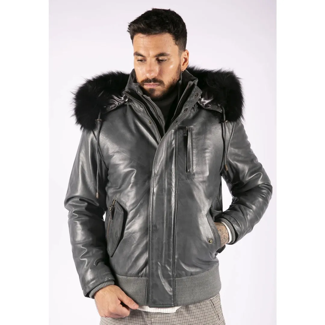 Men's Fur Hood Bomber Leather Jacket Black Puffer Padded