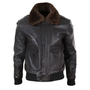 Men's Leather Aviator Bomber Jacket Removable Fur Collar Pilot Flying Jacket