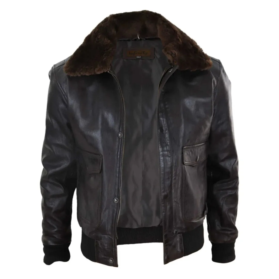 Men's Leather Aviator Bomber Jacket Removable Fur Collar Pilot Flying Jacket