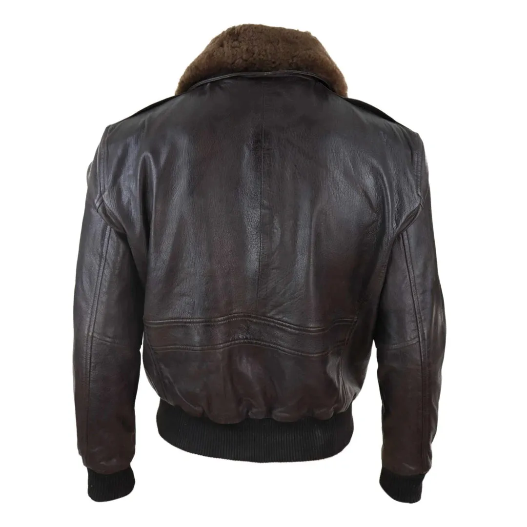 Men's Leather Aviator Bomber Jacket Removable Fur Collar Pilot Flying Jacket