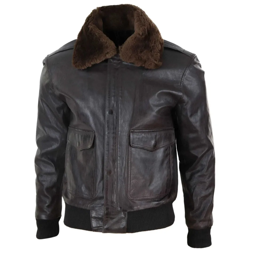 Men's Leather Aviator Bomber Jacket Removable Fur Collar Pilot Flying Jacket