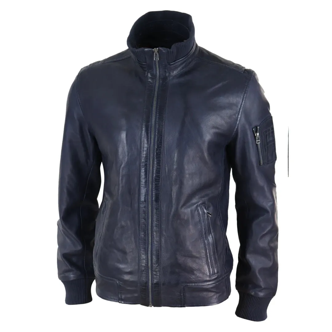 Men's Leather Bomber Jacket Blue Brown High Elasticated Neck