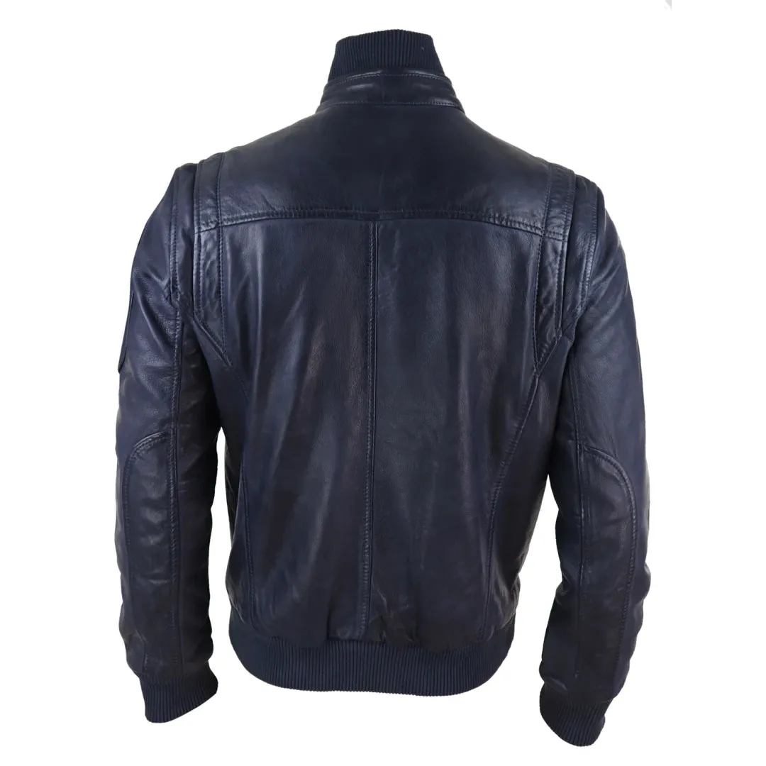 Men's Leather Bomber Jacket Blue Brown High Elasticated Neck