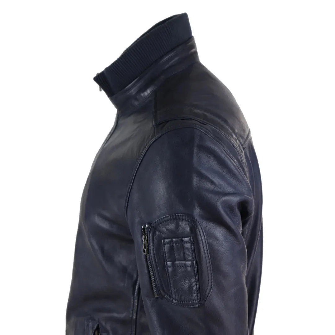 Men's Leather Bomber Jacket Blue Brown High Elasticated Neck