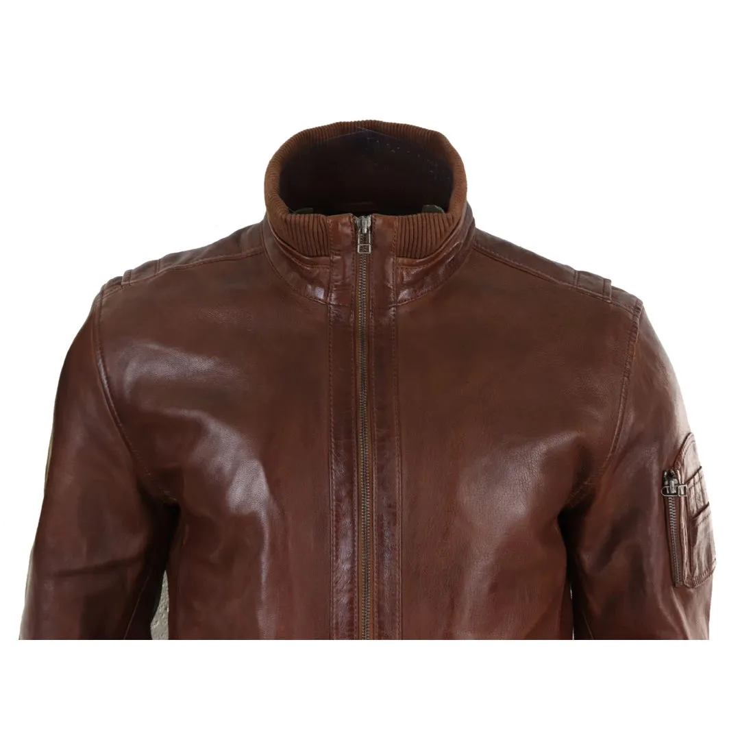 Men's Leather Bomber Jacket Blue Brown High Elasticated Neck