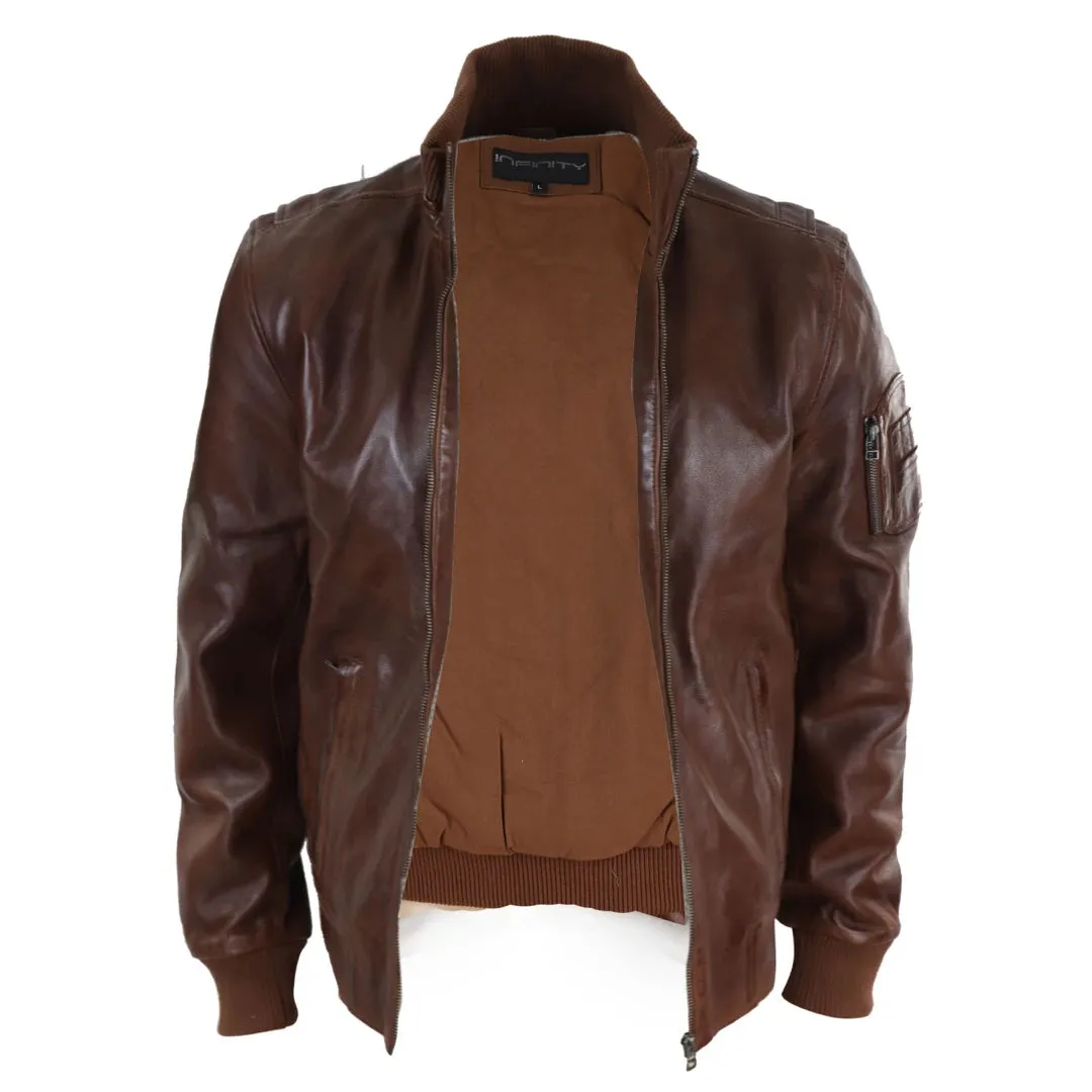 Men's Leather Bomber Jacket Blue Brown High Elasticated Neck