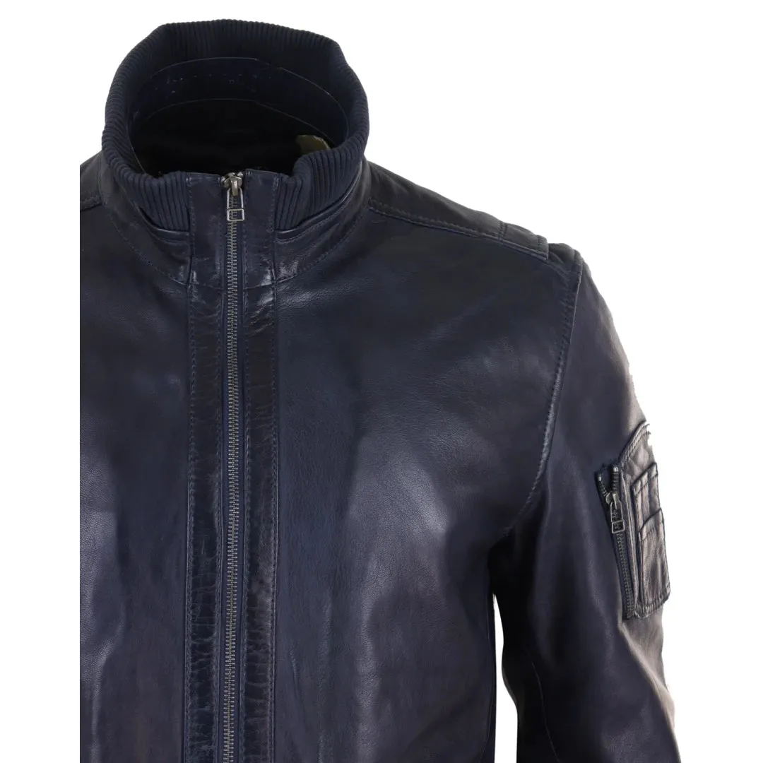 Men's Leather Bomber Jacket Blue Brown High Elasticated Neck