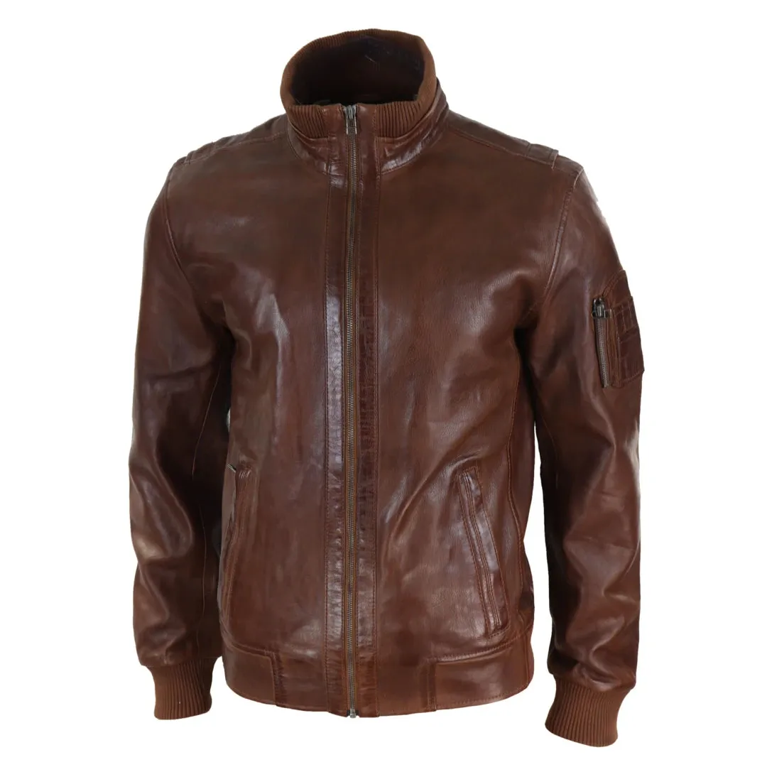 Men's Leather Bomber Jacket Blue Brown High Elasticated Neck