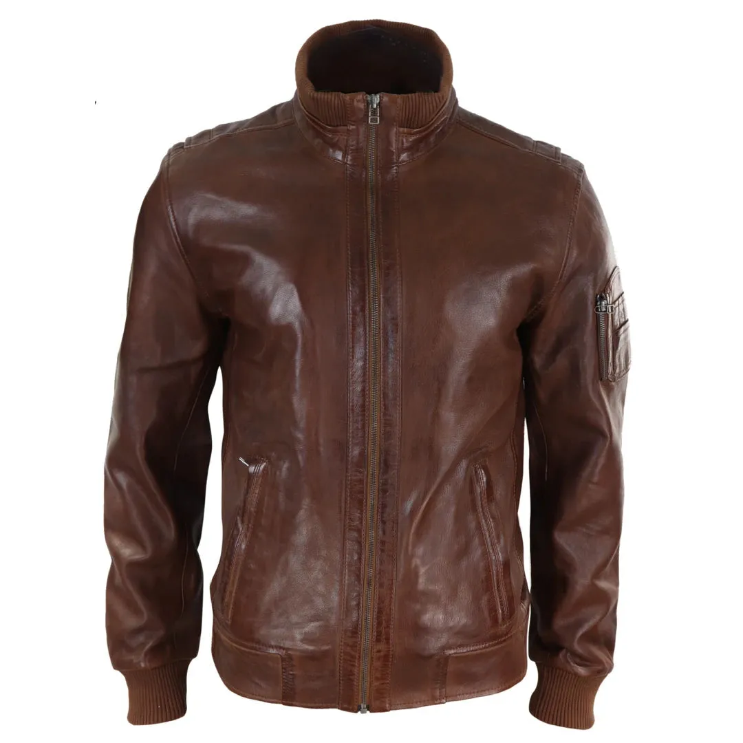 Men's Leather Bomber Jacket Blue Brown High Elasticated Neck