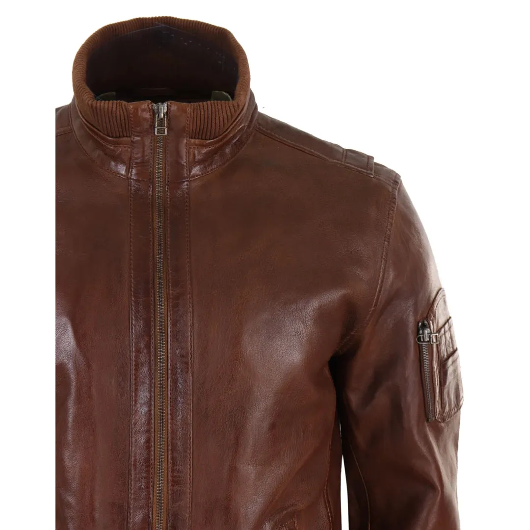Men's Leather Bomber Jacket Blue Brown High Elasticated Neck