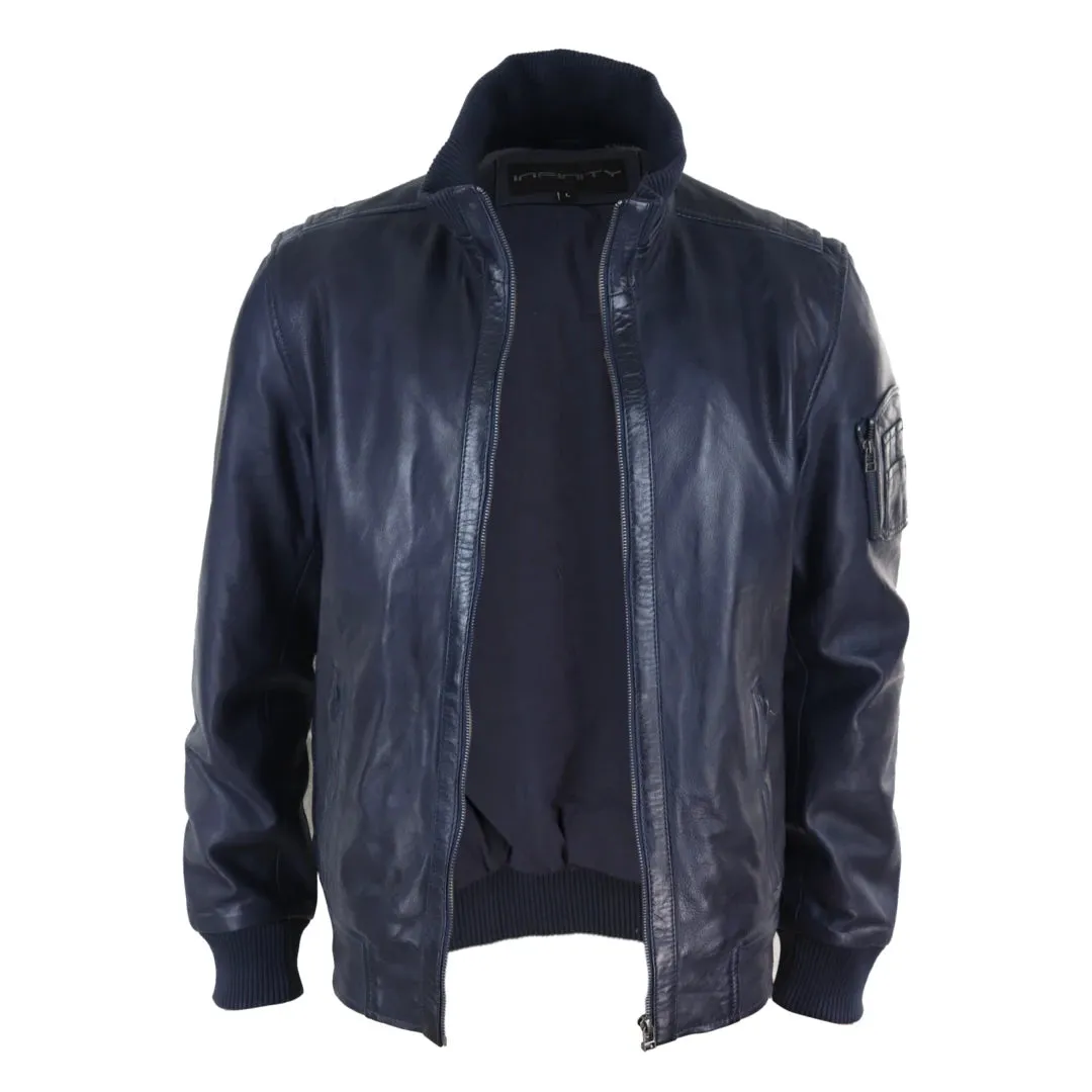 Men's Leather Bomber Jacket Blue Brown High Elasticated Neck