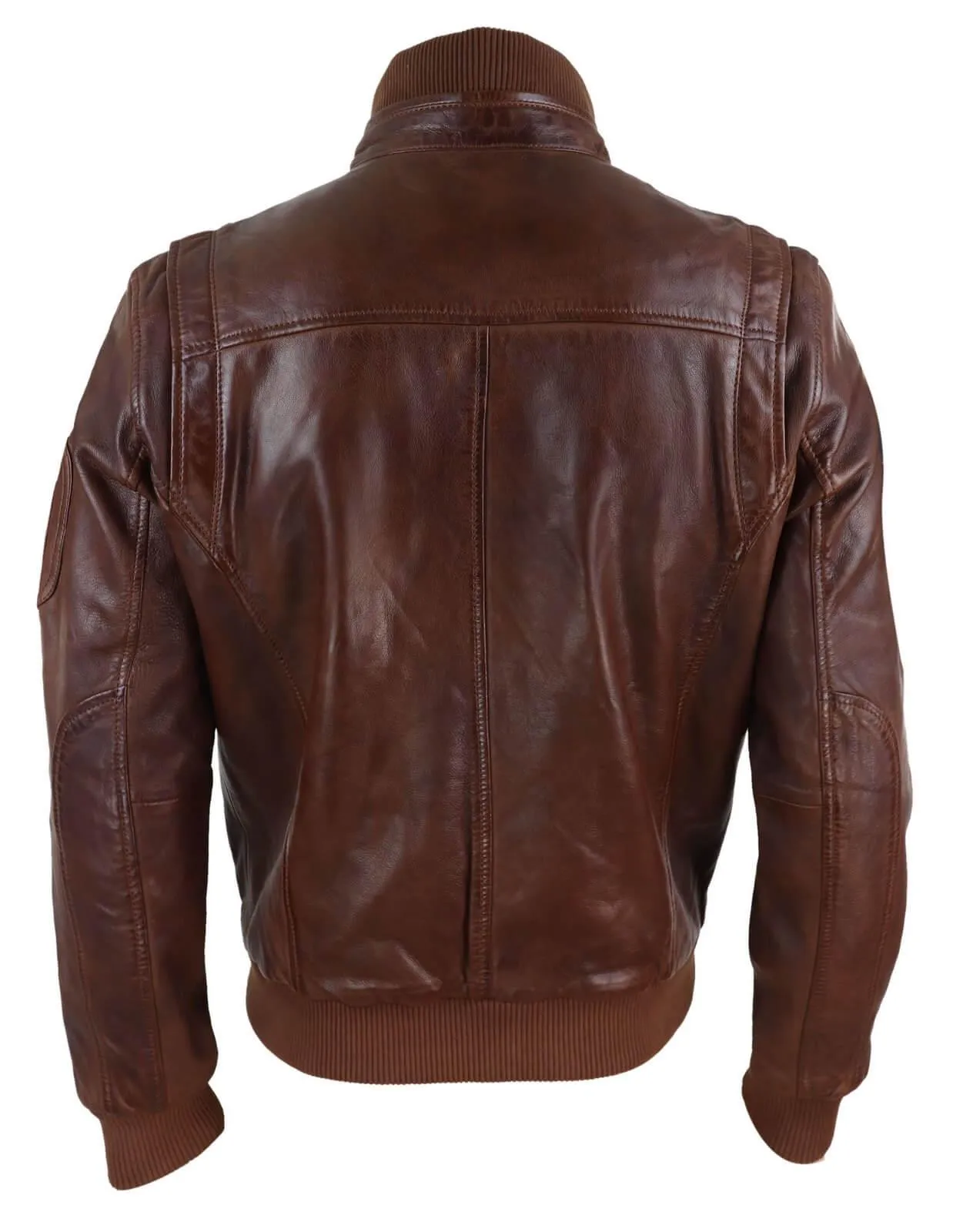 Men's Leather Bomber Jacket Blue Brown High Elasticated Neck