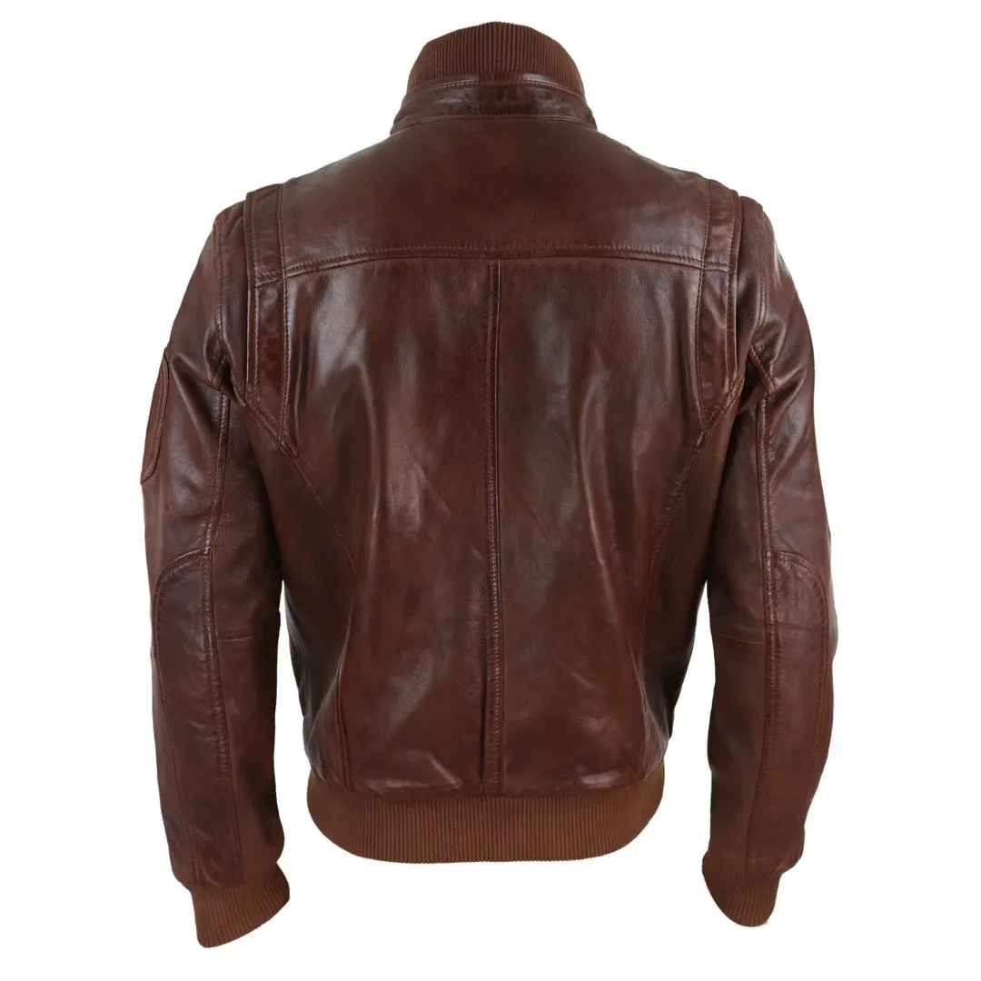 Men's Leather Bomber Jacket Blue Brown High Elasticated Neck