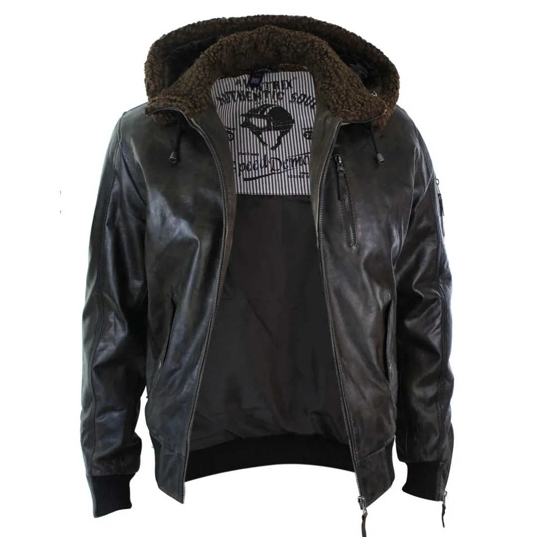 Men's Leather Hood Fur Jacket Bomber Aviator Tan Brown