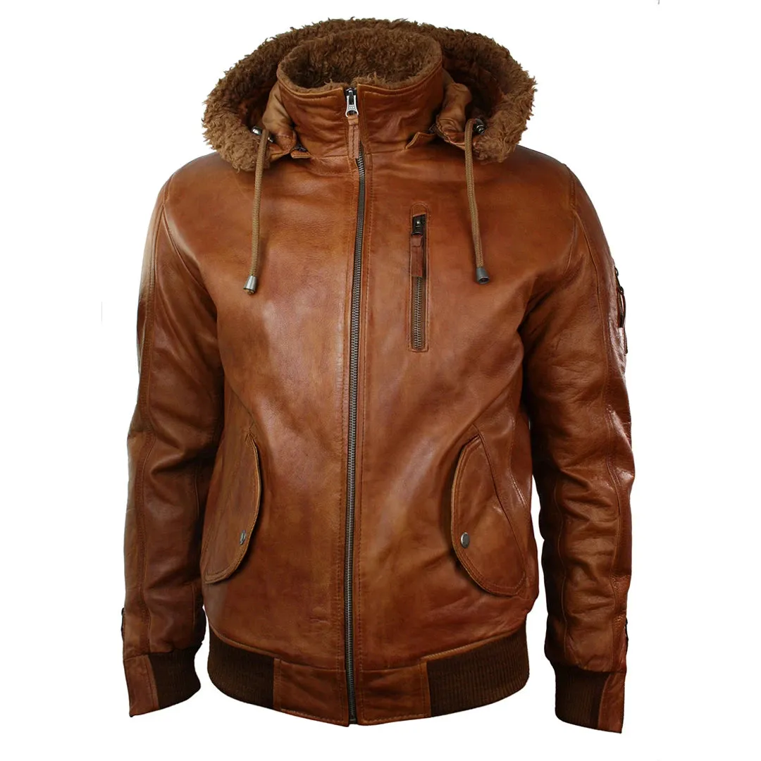 Men's Leather Hood Fur Jacket Bomber Aviator Tan Brown