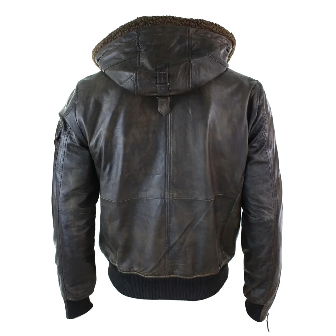 Men's Leather Hood Fur Jacket Bomber Aviator Tan Brown