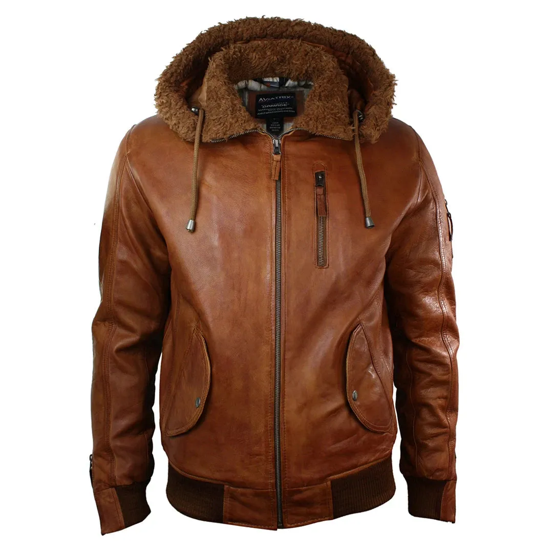 Men's Leather Hood Fur Jacket Bomber Aviator Tan Brown