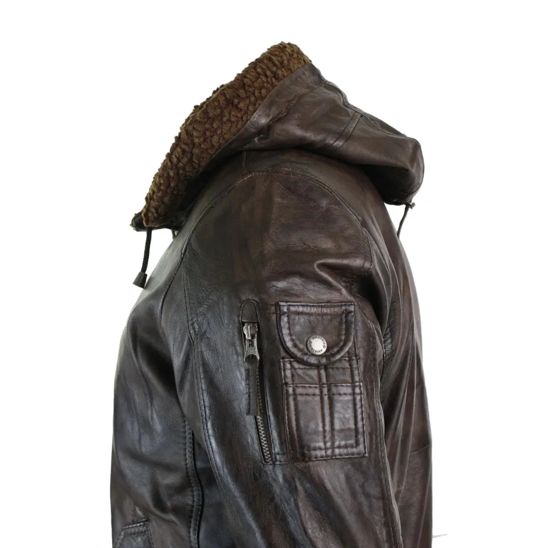 Men's Leather Hood Fur Jacket Bomber Aviator Tan Brown