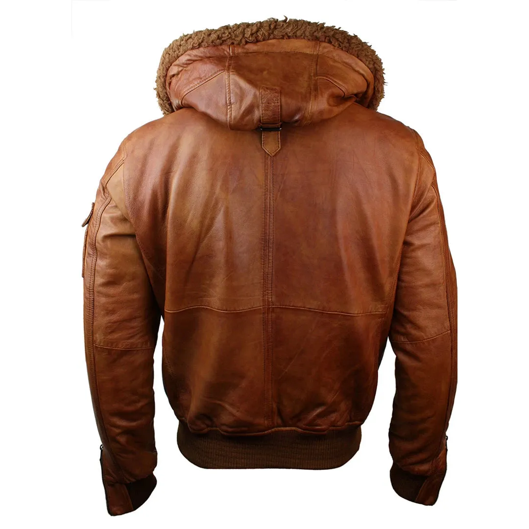 Men's Leather Hood Fur Jacket Bomber Aviator Tan Brown