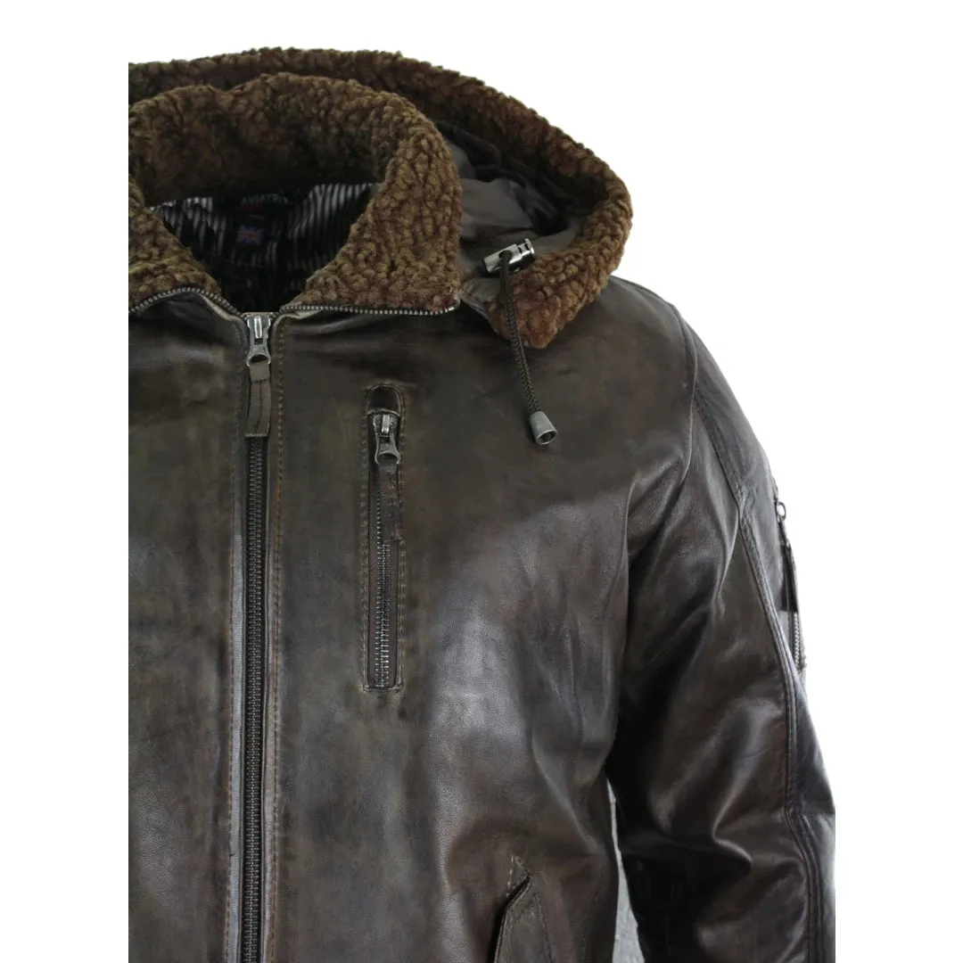 Men's Leather Hood Fur Jacket Bomber Aviator Tan Brown