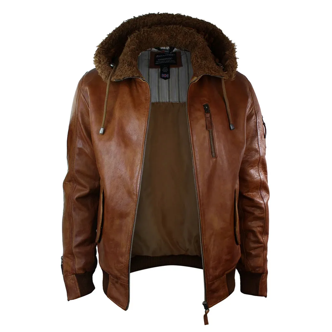 Men's Leather Hood Fur Jacket Bomber Aviator Tan Brown