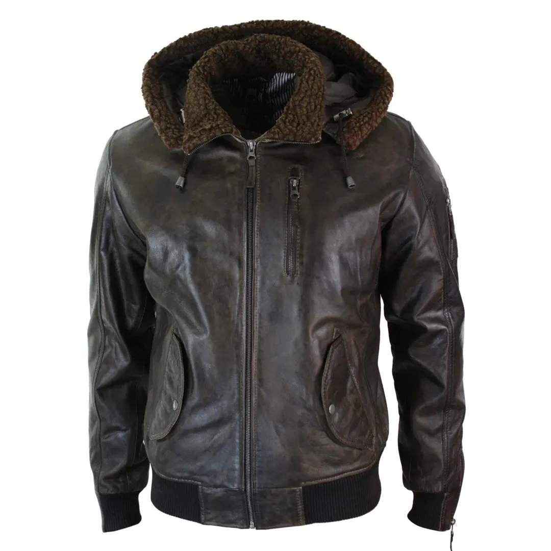 Men's Leather Hood Fur Jacket Bomber Aviator Tan Brown