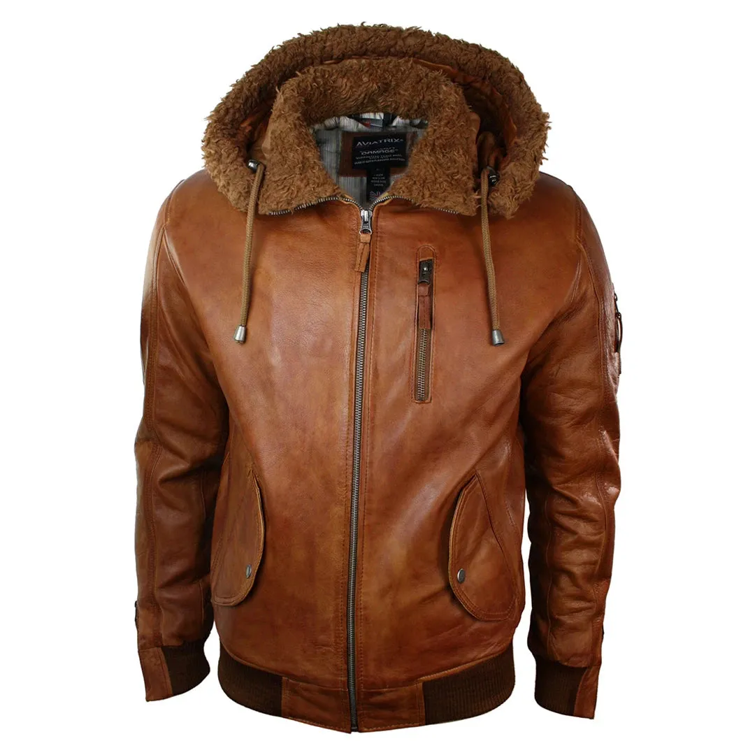 Men's Leather Hood Fur Jacket Bomber Aviator Tan Brown