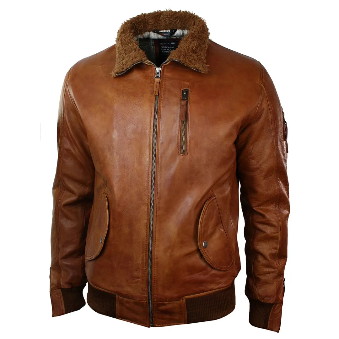 Men's Leather Hood Fur Jacket Bomber Aviator Tan Brown