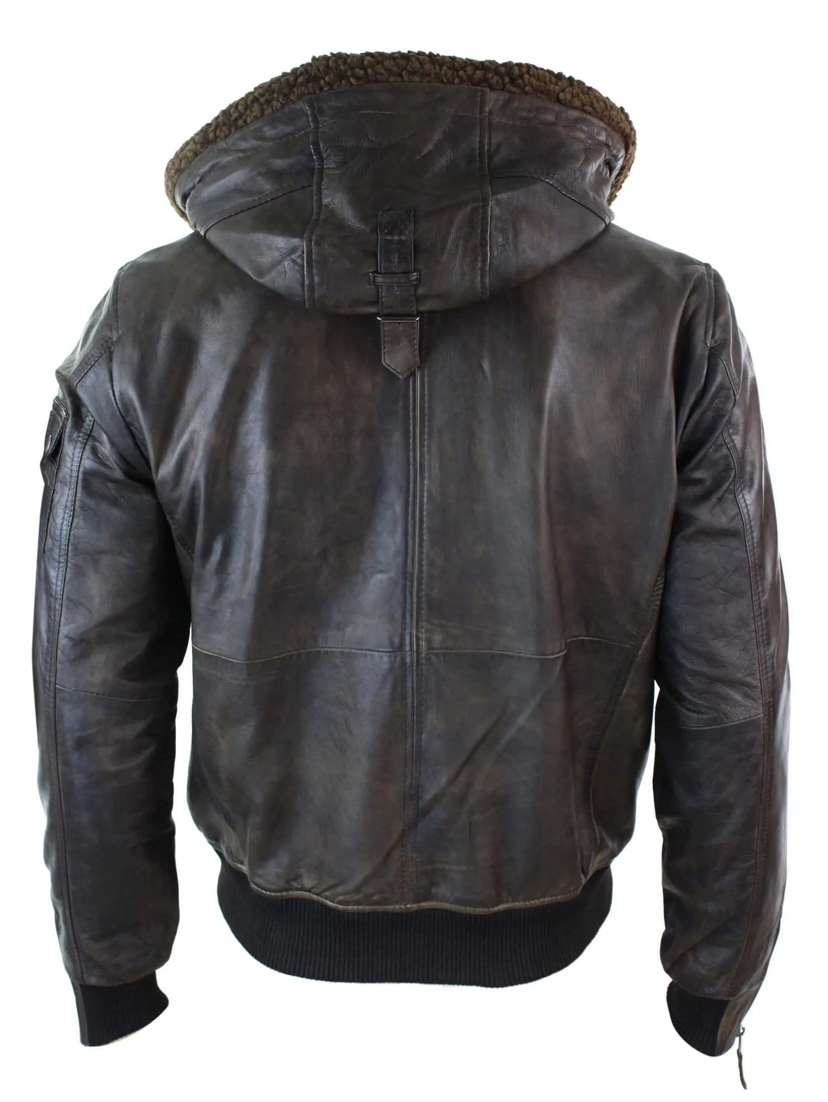 Men's Leather Hood Fur Jacket Bomber Aviator Tan Brown