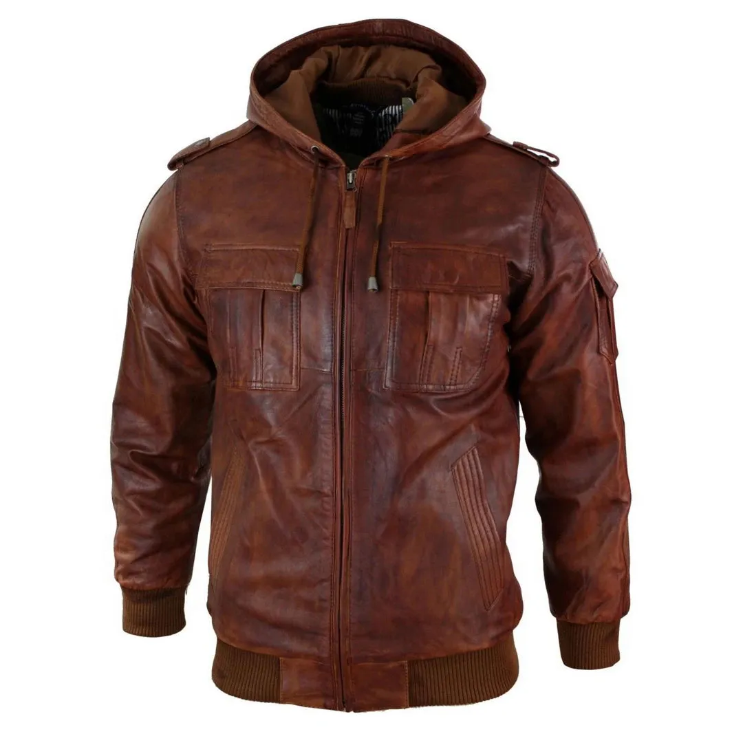 Men's Leather Hooded Bomber Tan Jacket