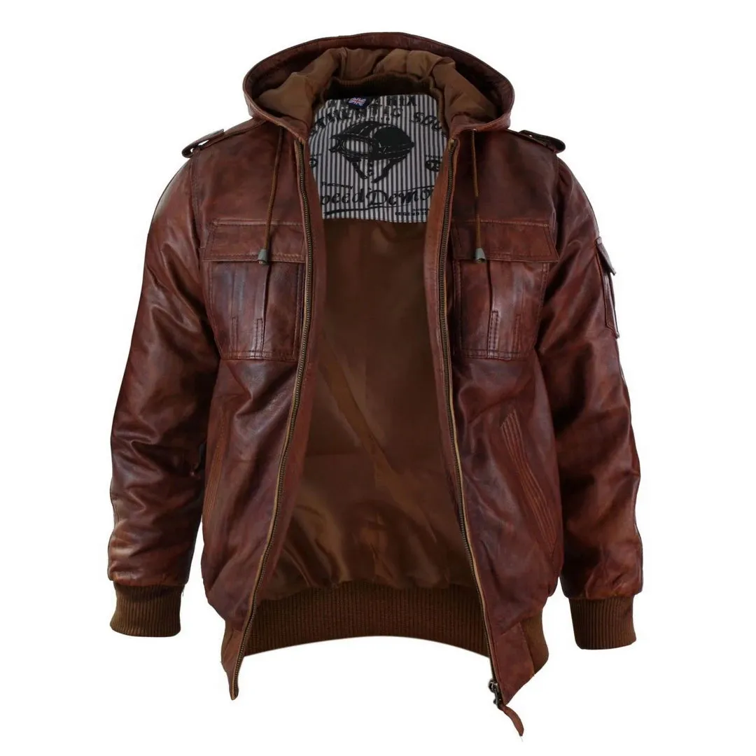 Men's Leather Hooded Bomber Tan Jacket