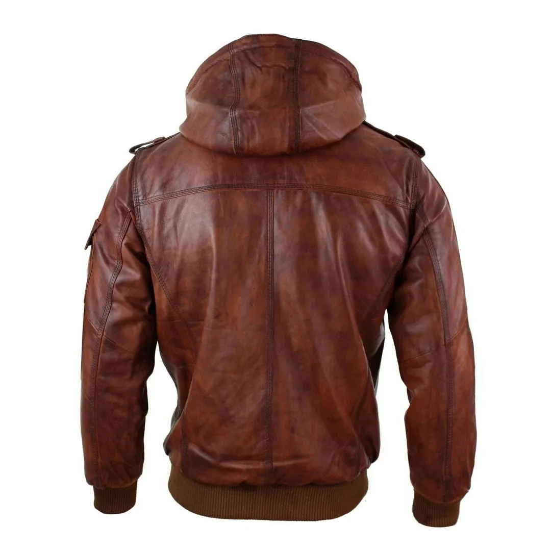 Men's Leather Hooded Bomber Tan Jacket