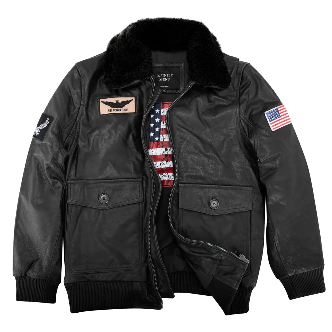Men's Leather US Aviator Air Force Pilot Bomber Jacket Black Collar