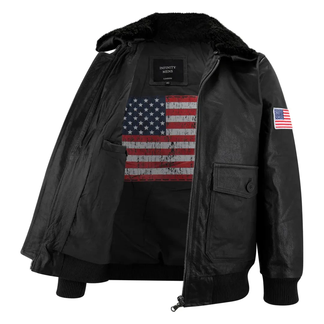Men's Leather US Aviator Air Force Pilot Bomber Jacket Black Collar