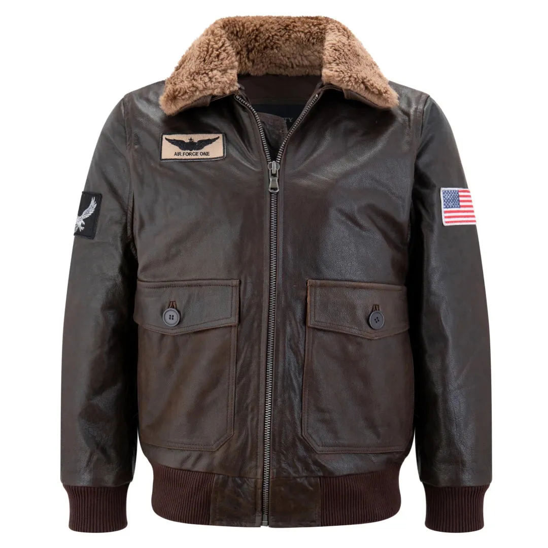 Men's Leather US Aviator Air Force Pilot Bomber Jacket Black Collar