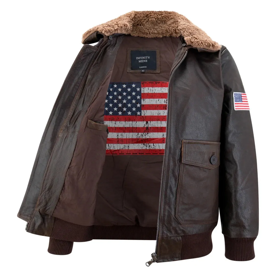 Men's Leather US Aviator Air Force Pilot Bomber Jacket Black Collar