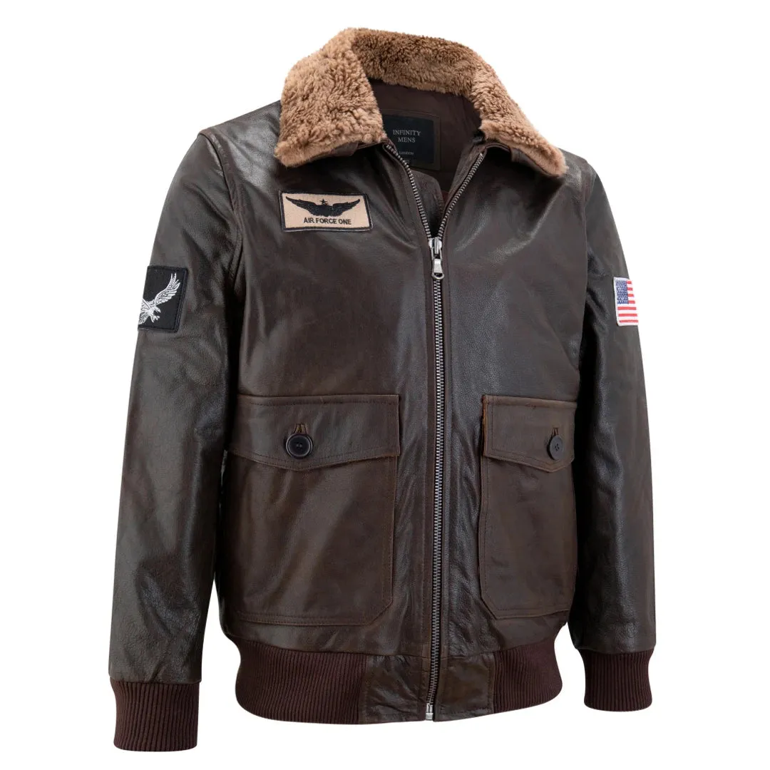 Men's Leather US Aviator Air Force Pilot Bomber Jacket Black Collar