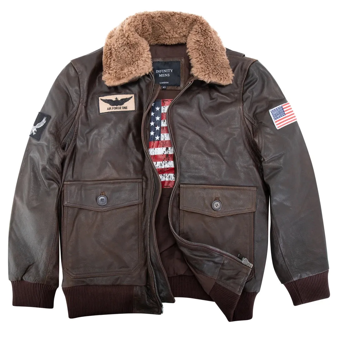 Men's Leather US Aviator Air Force Pilot Bomber Jacket Black Collar