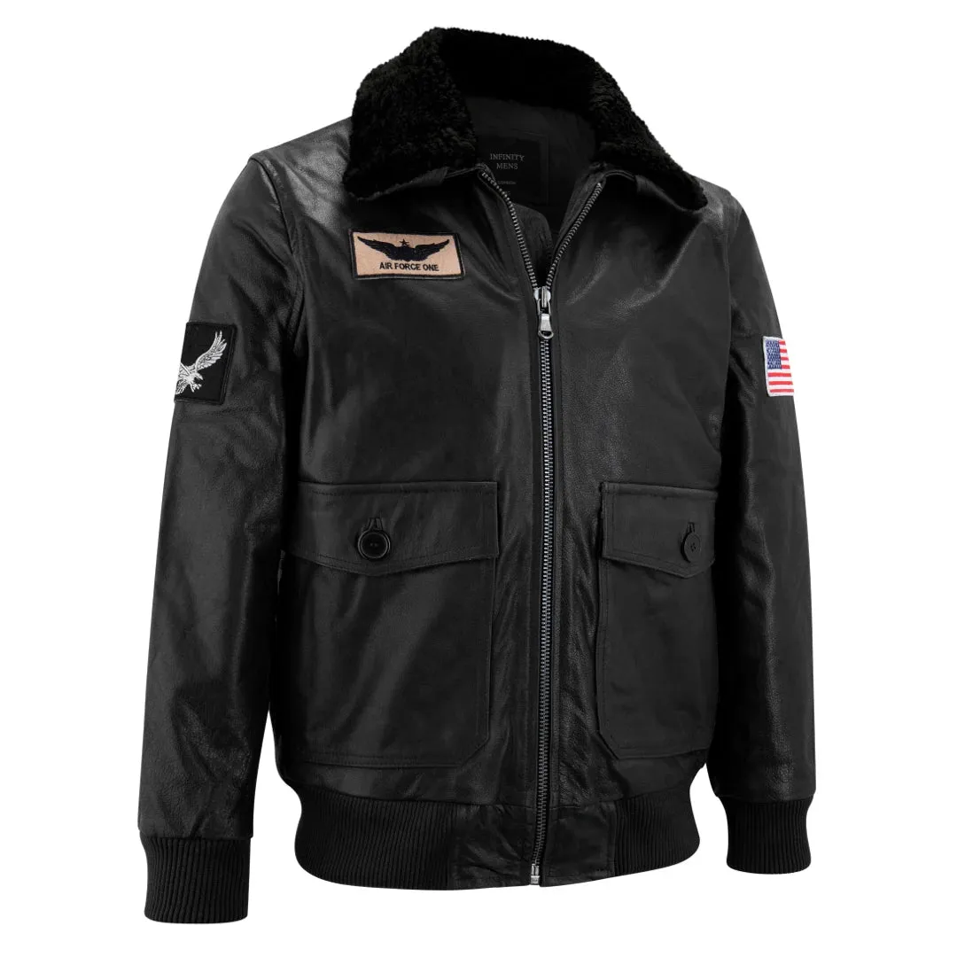 Men's Leather US Aviator Air Force Pilot Bomber Jacket Black Collar