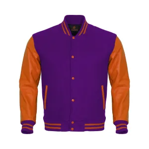 Mens Letterman Jacket Purple Body and Orange Leather Sleeves Varsity Jacket